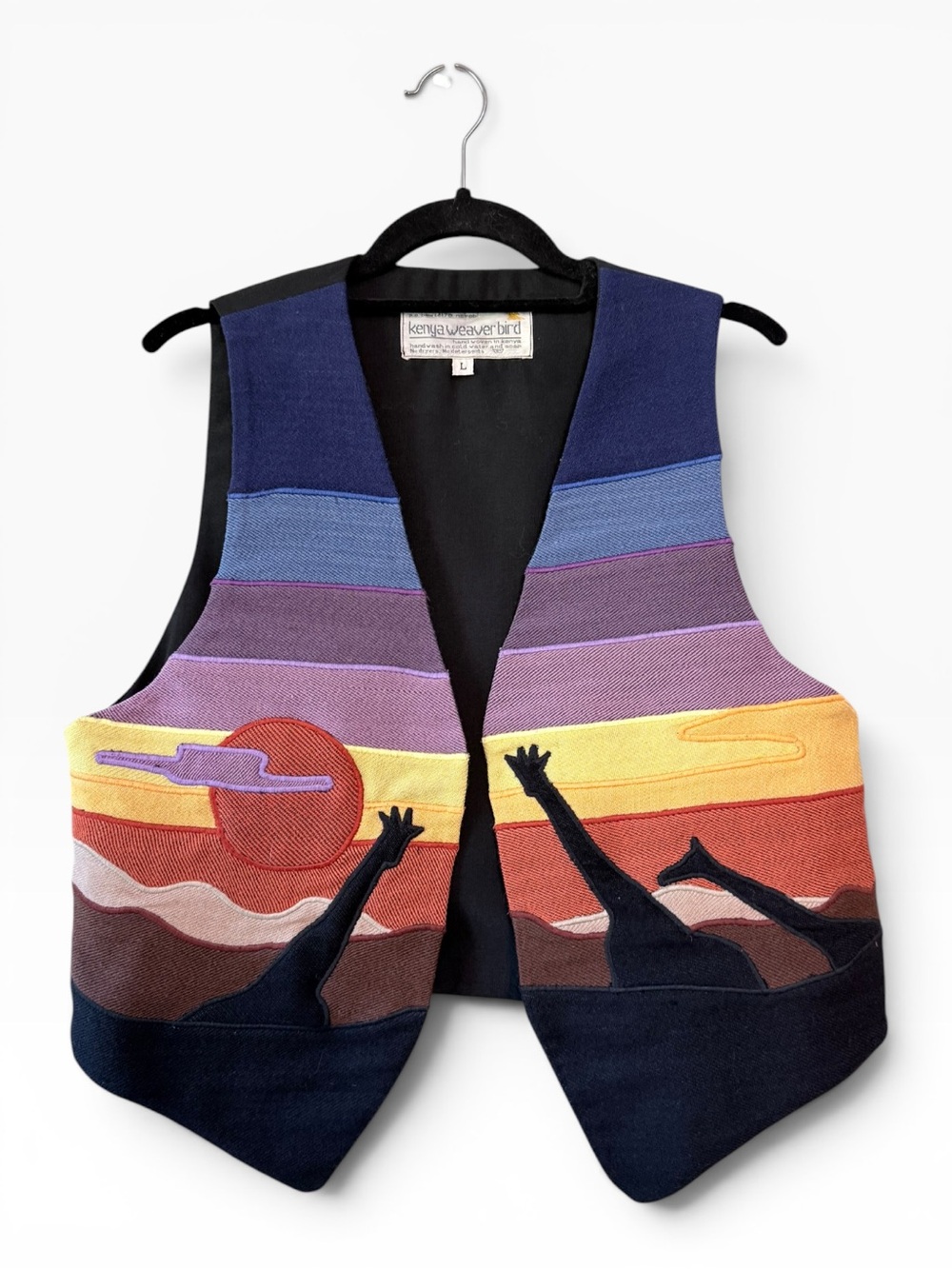 Kenya Weaver Bird Handwoven Giraffe Sunset Scene Vest in Navy & Multicolor Large
